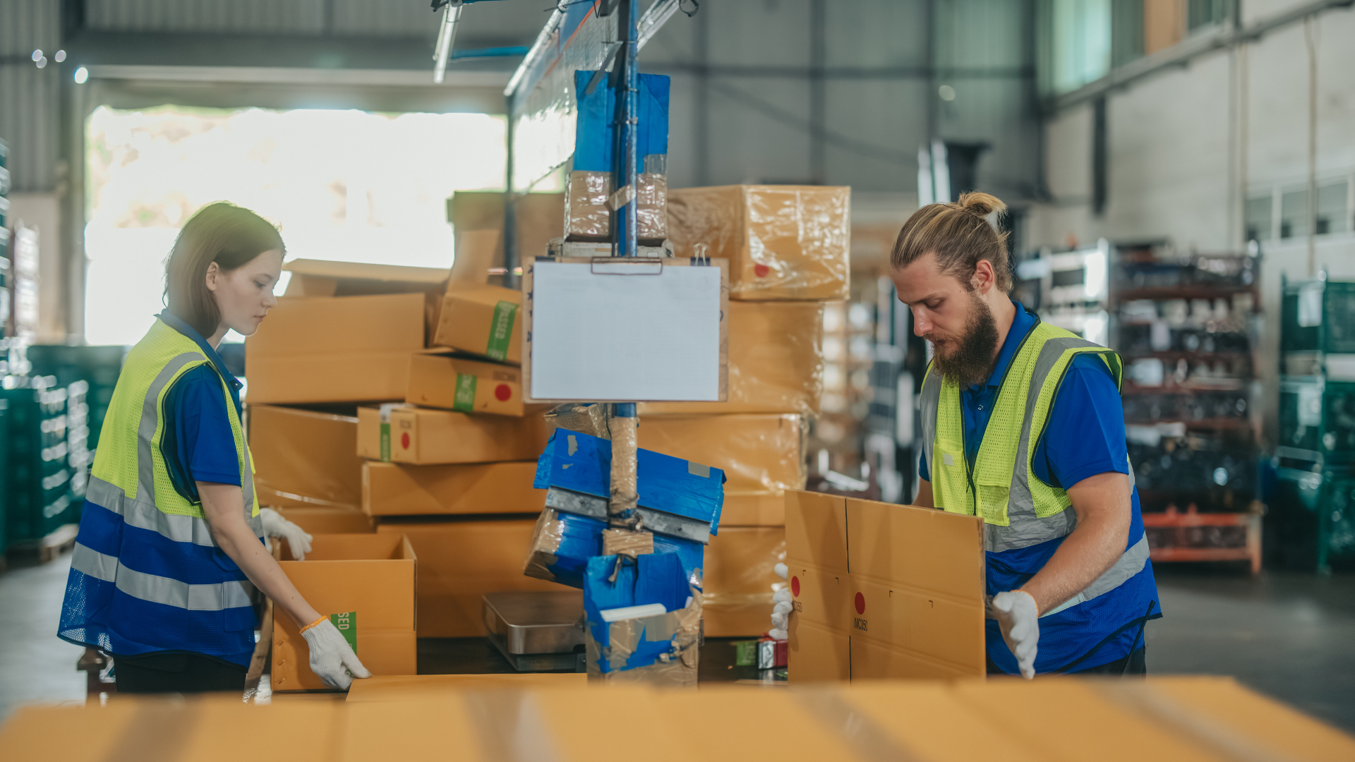 workers packing boxes in factory